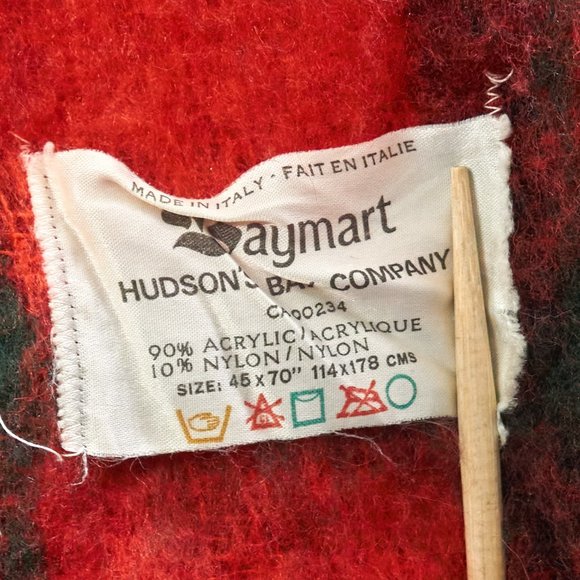 Vintage 60s Baymart Hudson’s Bay, Plaid Throw Blanket Red, 45X70 inch Italy - Picture 5 of 6